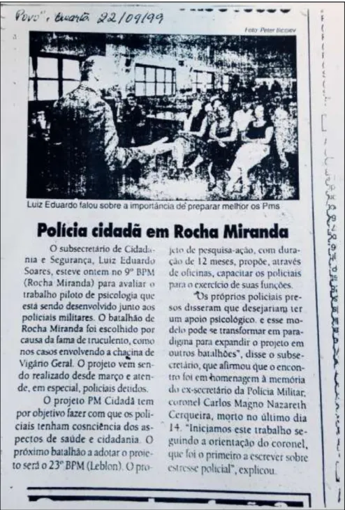 Figura 3. De cavalos para gazelas. Matéria de jornal que informa do grupo reflexivo realizado com policiais do 9º Batalhão  da Polícia Militar do Rio de Janeiro