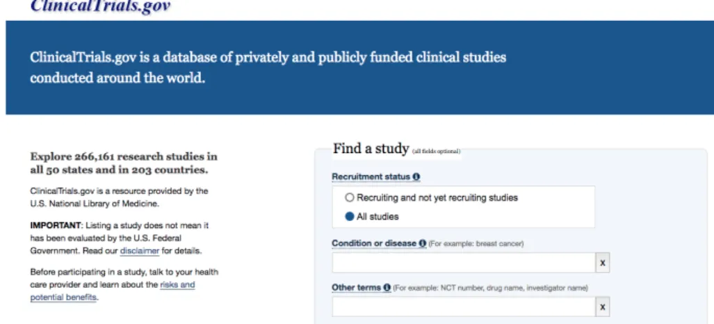 Figure 1.1: clinicaltrials.gov official site initial page, with search for disease in clinical trials at clinicaltrials.gov database.