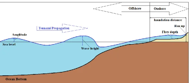 Figure 1.1 Schematic illustration of physical quantities such as amplitude, wave height, flow depth, run  up and inundation distance referenced to a given sea level