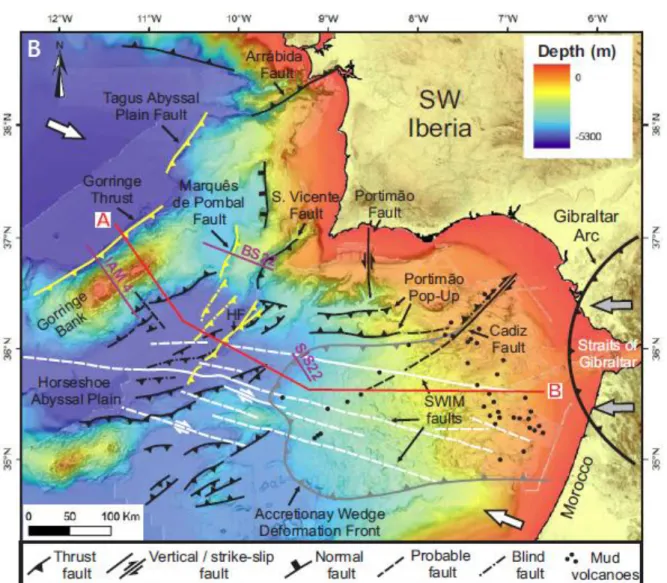 Figure 1.4 A: ATJ – Azores triple junction; AGFZ Azores-Gibraltar fracture zone B: Tectonic map of  southwest Iberian Margin (SWIM)