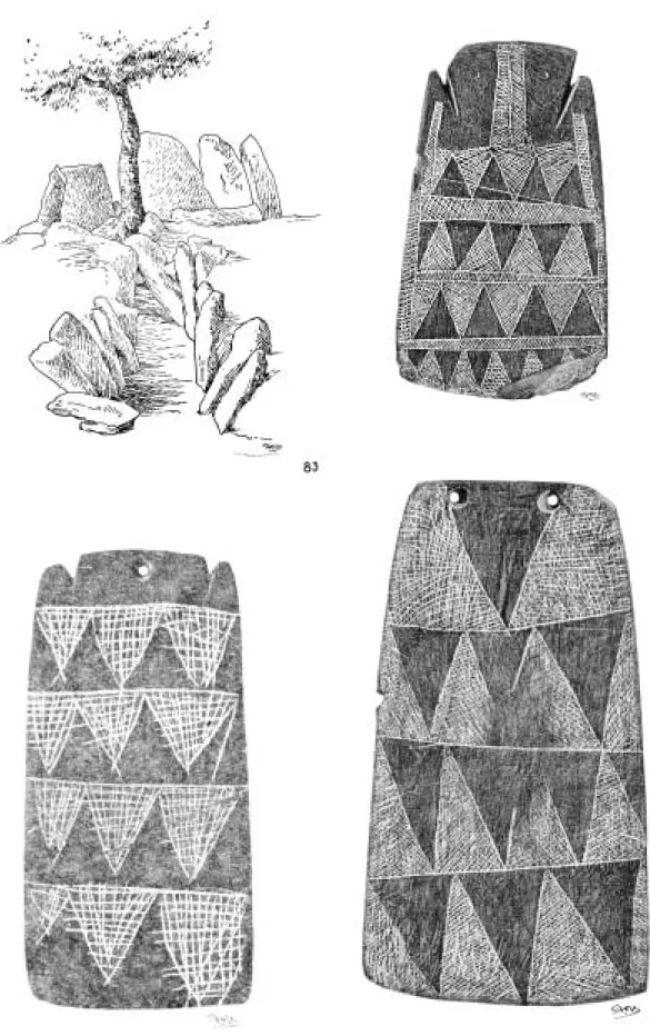 Fig. 7 Anta e placas de xisto gravadas desenhadas por F. Valença (Arquivo do Museu Nacional de Arqueologia, espólio em estudo).