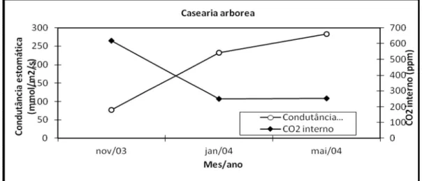 Figura 13 - Flutuações das concentrações do CO 2  Interno (ppm) em função das variações na  condutância estomática (mmol/m 2 /s) em folhas de Casearia arborea em três períodos 