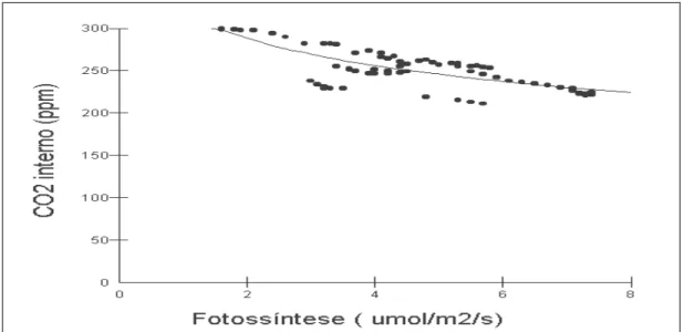 Figura 7 - Dependência com modelo Logarítmico (R2=59,55%) entre a concentração  interna de CO 2  (ppm) e a fotossíntese (µmol/m 2 /s) em folhas de Cecropia palmata durante 