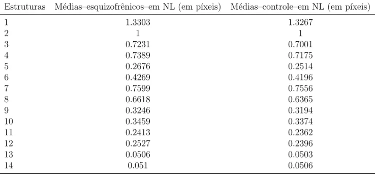Tabela 4.6: Comprimentos m´ edios do grupo esquizofrˆ enico e comprimentos m´ edios do grupo controle normalizados em NL.