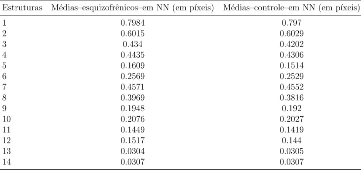 Tabela 4.8: Comprimentos m´ edios do grupo esquizofrˆ enico e comprimentos m´ edios do grupo controle normalizados em NN.