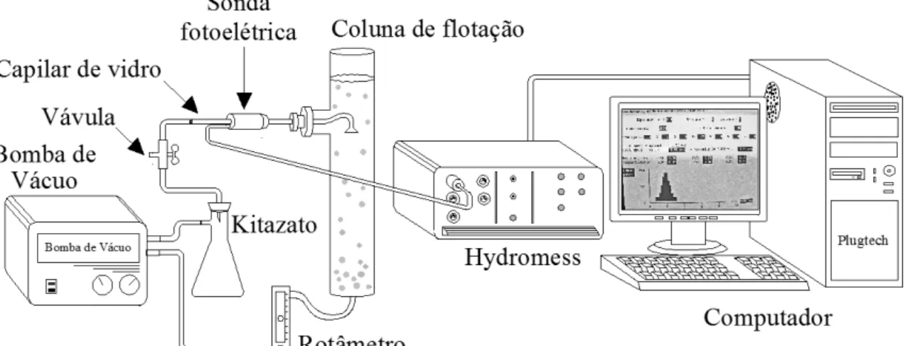 Figura 2. Aparato para medida de diâmetro de bolha em coluna de flotação. 