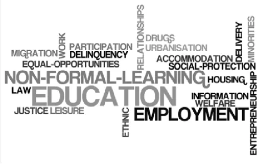figure 4: Word cloud of the terms used to refer to single youth topics or subjects  in the youth policy reviews (council of Europe)