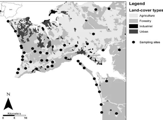 Figure 1. Land cover map of the study area, Setúbal peninsula (developed by the Life  Environment Program ENV/P/000556 and Life Nature Program 98‐NAT/P/5235), with  the  distribution  of  the  44  sampling  sites  where  the  lichen  Ramalina  canariensis 