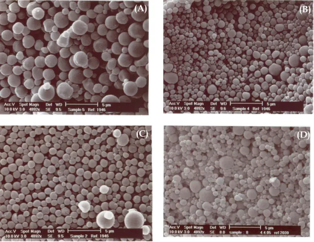 Figure  2.1  -  Scanning  electron  micrographs  of  the  (A)  PCL-PVA,  (B)  PCL-ALG  (C)  PCL-CS0.75L, (D) PCL-CS0.75M and (E) PCL-CS0.75H microspheres