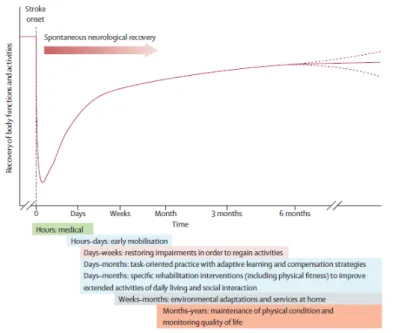 Figure 1.3: Hypothetical pattern of recovery after stroke with timing of intervention strategies [17].