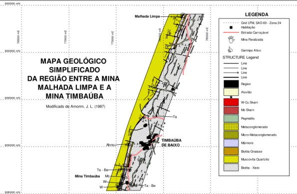 Figura 3: Mapa Geológico da Região entre a Mina Timbaúba e Malhada Limpa (adaptado de Amorim, 1987)