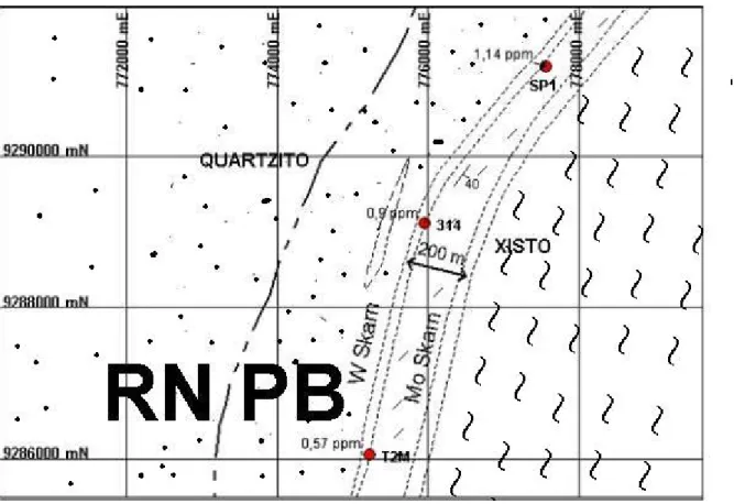 Figura 4: Esboço geológico da região da Mina Timbaúba, Frei Martinho/PB. Pontos vermelhos são amostras 