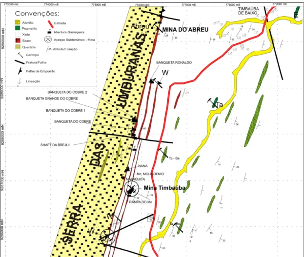Figura 6: Mapa Geológico simplificado e de localização de banquetas de scheelita no W-Cu skarn