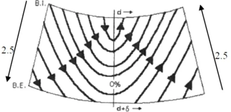 Fig. 2.4 – Linhas de escoamento na zona de inversão da sobreelevação. [Extraído e adaptado de França e  Vasconcelos, 1991] 