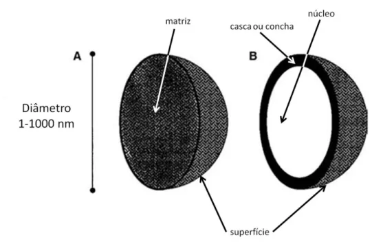 Figura  9.  Estrutura  básica  de  nanopartículas:  nanoesfera  (A)  e  nanocápsula  (B)