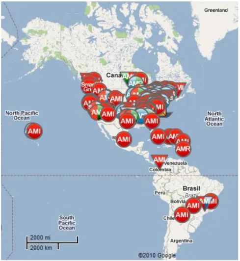 Figura 1.2 Implementação de projectos de AMR, AMI e redes inteligentes no continente Americano,  [7]