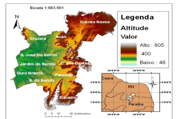Figura 2: Relevo do Seridó Oriental, BEZERRA Jr, 2007. Mapa Adaptado do  IBGE/EMBRAPA, 2006