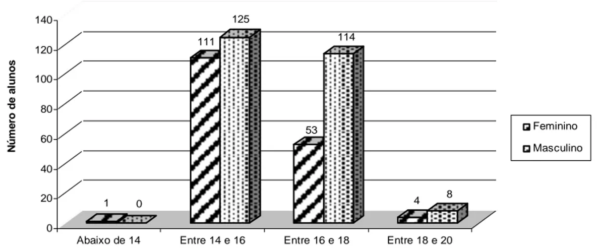 Gráfico 02 - Distribuição dos alunos dos cursos técnico-integrados, de acordo com a  faixa etária e o gênero, em janeiro de 2007