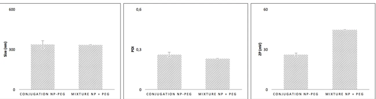 Fig. 10 - Size, PDI, and ZP for the PEG/NP mixture versus conjugation  