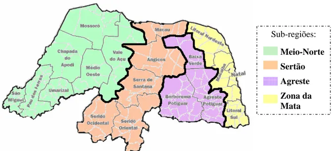 Figura 3 – Mapa do Rio Grande do Norte, dividido em sub-regiões, microrregiões e  municípios