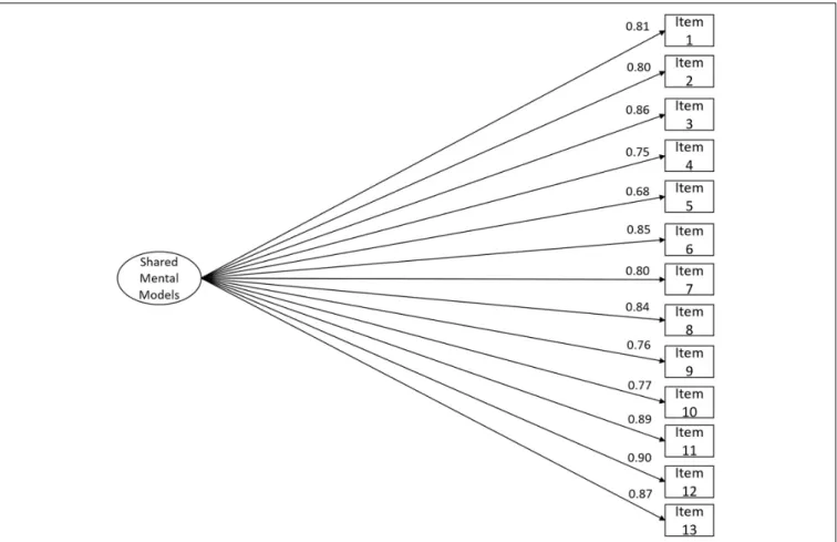 FIGURE 2 | RSMMM one-factor version (13-item) structure fit using study II’s sample (n = 277)
