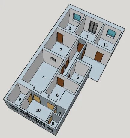 Fig. 16 - Planta a 3D de uma fração de tipologia T3+1 com a numeração dos compartimentos