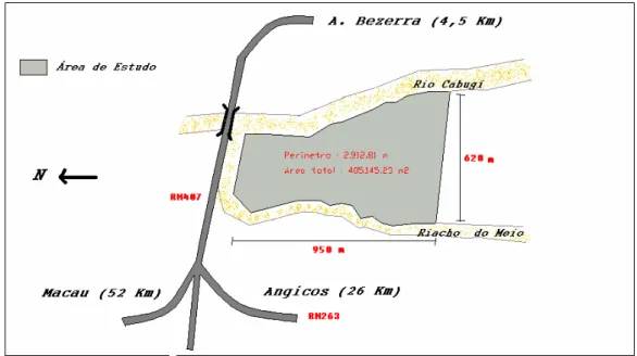 Figura 1. Localização, contorno e dimensões da área estudada. 