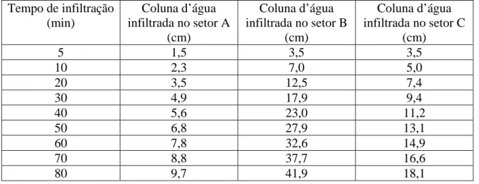 Figura 3: Comportamento da taxa de infiltração da água nos diversos setores da área  em estudo em função do tempo de aplicação