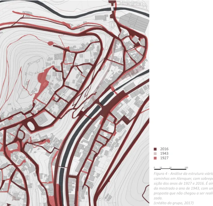 Figura 4 - Análise da estrutura viária e  caminhos em Alenquer, com  sobrepo-sição dos anos de 1927 e 2016