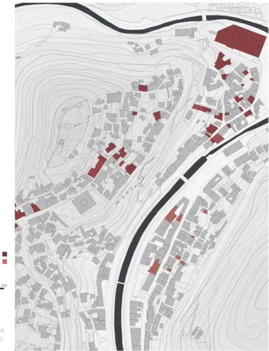 Figura 5 - Levantamento actualizado  (2017) dos edificios devolutos na zona  da Vila Alta de Alenquer e envolvente