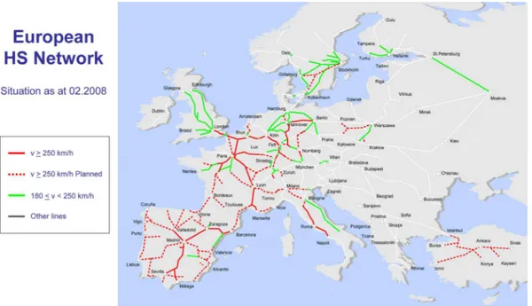 Figura 1.2 – Actual rede europeia de alta velocidade (UIC, 2008). 