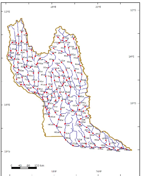 Figure 1 – Water sections and their respective centroid used for variables measurement  base of the aquatic zoning of the river basin, including the different measurement points of  the analyzed variables