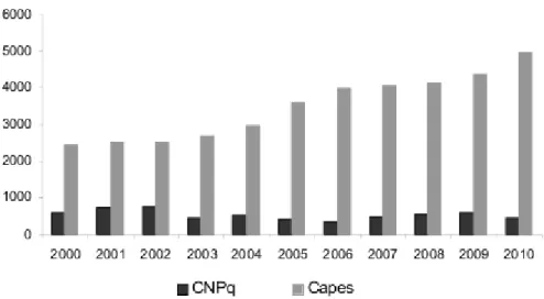 Figura 1: Evolu¸c˜ ao do n´ umero de Bolsas no Exterior da Capes e CNPq (2000 a 2010)