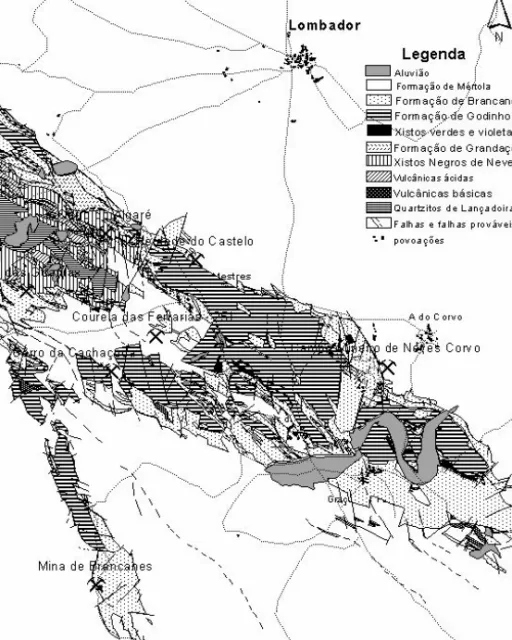 Figura  1  –  Mapa  Geológico  da  Região  de  Neves  Corvo.  Digitalizado  a  partir  de  LECA  et  al.
