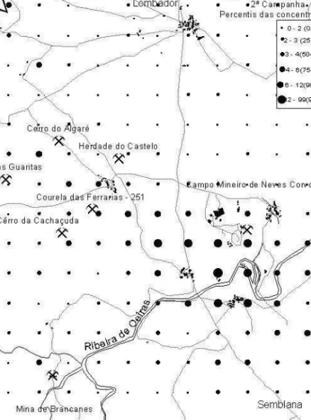 Figura 3 - Mapa de concentrações de estanho (mg kg -1 ) no horizonte superficial na 2ª Campanha dos  solos (1998) da região mineira de Neves Corvo