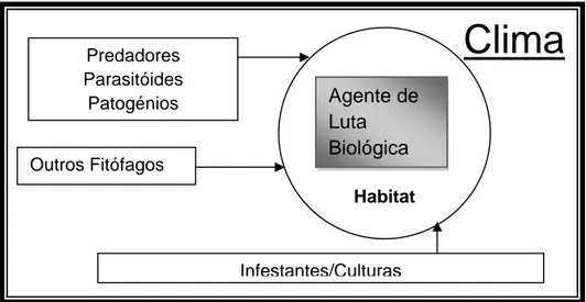Figura 1 - Interacção dos componentes básicos necessários a ter em consideração na dinâmica populacional dos  agentes de luta biológica