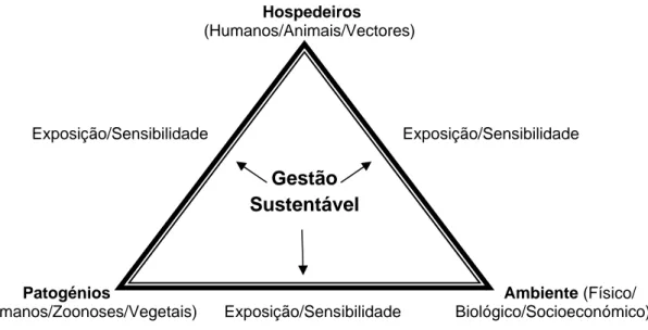 Figura 2 - O triângulo hospedeiro-patogénio-vector-ambiente incluindo intervenções de gestão de forma a minimizar a  vulnerabilidade das plantas, animais e humanos às doenças/pragas/parasitas em condições de alterações climáticas  (adaptado de Sutherst, 20