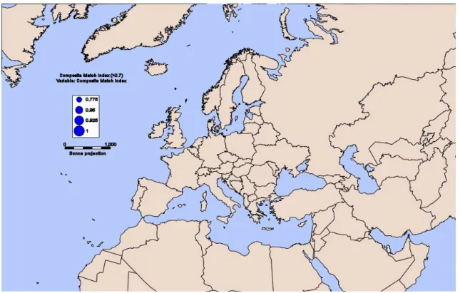 Figura 11 - Comparação climática entre a Europa e a Ilha de Madagáscar: os círculos azuis (CMI) indicariam a  existência de afinidade climática entre as regiões