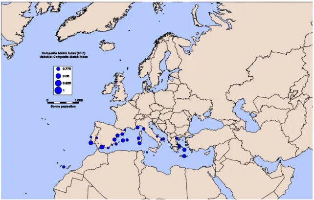 Figura 12 - Comparação climática entre a Europa e a África do Sul: a área dos círculos azuis é proporcional aos  valores de CMI
