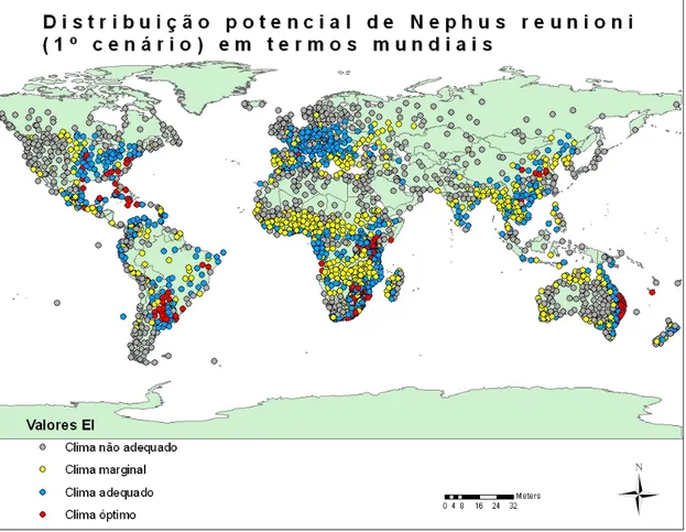 Figura 13 - Distribuição potencial de Nephus reunioni em termos mundiais (1º cenário)