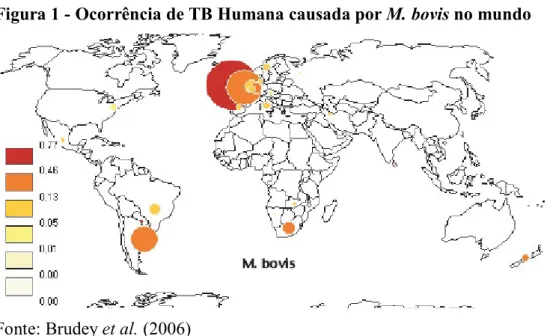 Figura 1 - Ocorrência de TB Humana causada por M. bovis no mundo 