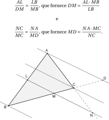 Figura 29 – Demonstração do teorema de Menelaus De (6) e (7), considerando-se a orientação dos segmentos, obtém-se