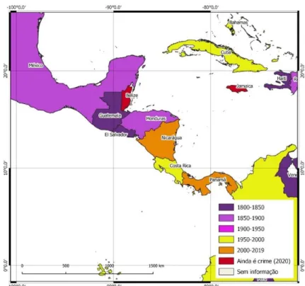 Figura 6 - Mapa dos Países latino-americanos e caribenhos onde a não- não-heterossexualidade é crime atualmente (foco 02) 