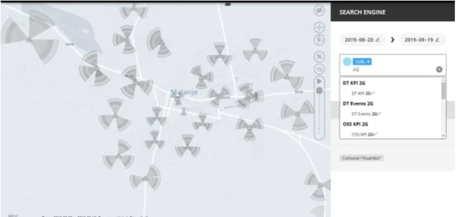 Figure 4. Metric SaaS map interface, highlighting the available 2G cells geolocated in the terrain.