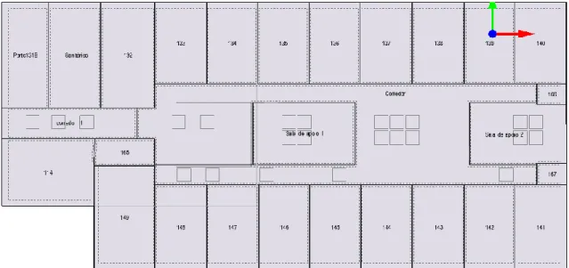 Figura 4.4 - Compartimentos da Ala Este do 1º piso do Edifício G (DesignBuilder, 2019)