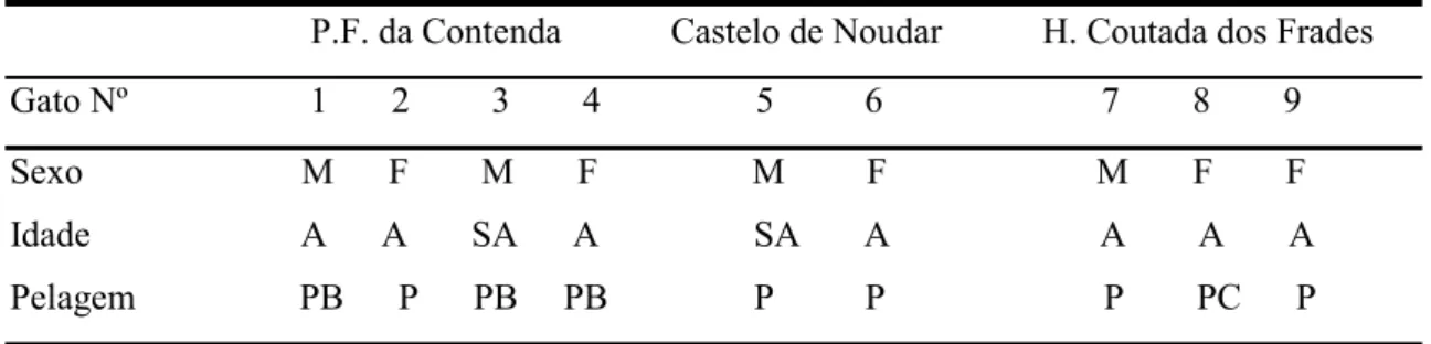 Tabela 1 – Sexo, idade e cor da pelagem dos gatos domésticos existentes no Perímetro Florestal  da Contenda, no Castelo de Noudar e na Herdade da Coutada dos Frades 