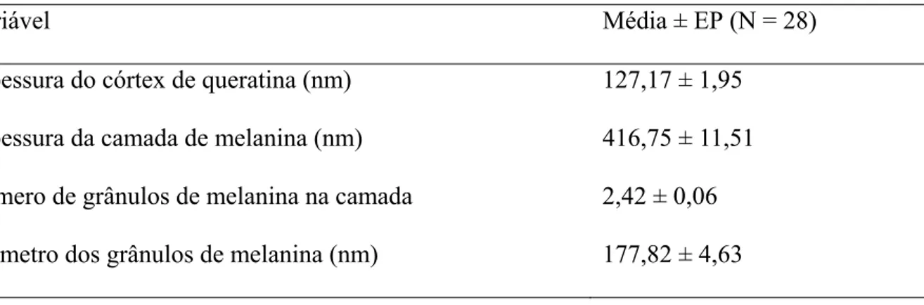 Tabela 1.1. Medidas das nanoestruturas de bárbulas de machos de tiziu, obtidas através de  microscopia eletrônica de transmissão