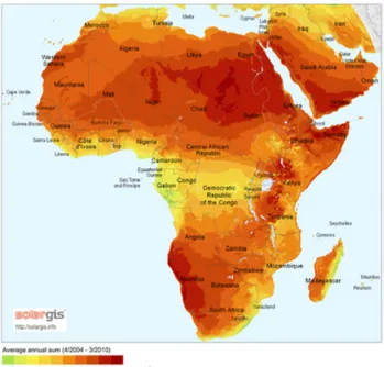 Figura 2.4: Mapa de ´ Africa da radia¸ c˜ ao solar m´ edia anual (Abubakar et al., 2016).