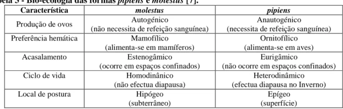 Tabela 3 - Bio-ecologia das formas pipiens e molestus [7]. 