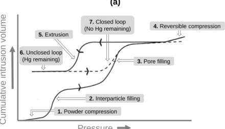 Figure IV.10. Illustration of intrusion-extrusion mercury cycles and description of the different mechanism  stages (adapted from Rouquerol et al., 2012)